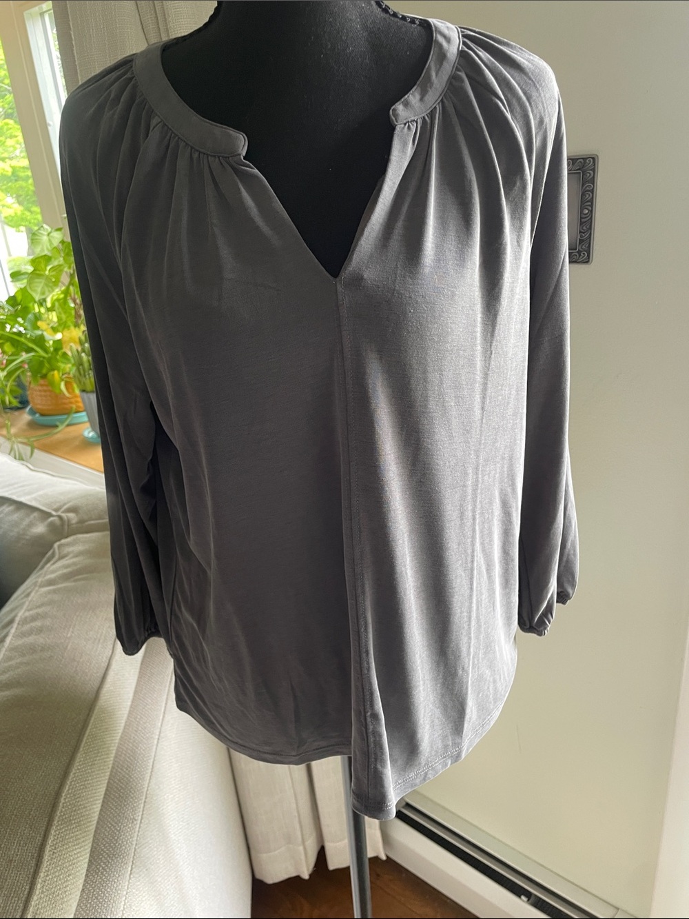 Lucky Brand Slate Gray V-Neck Gathered Long Sleeve Blouse